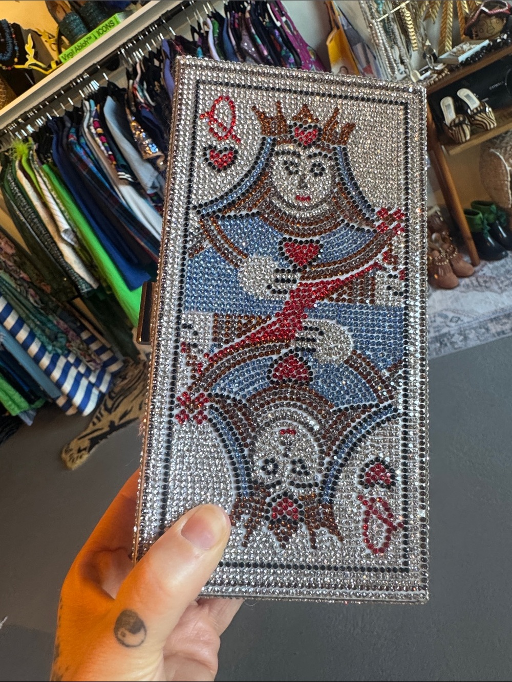 Silver Crystal Queen of Hearts Clutch with Red Accents